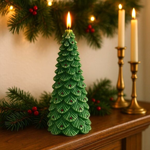Metallic Green Christmas Tree Candle Vintage Holiday Decor Retro Holiday Decor - Picture 1 of 16